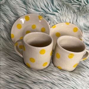 Pottery Espresso Mugs & Saucers with Yellow Polka Dots - Set of 2